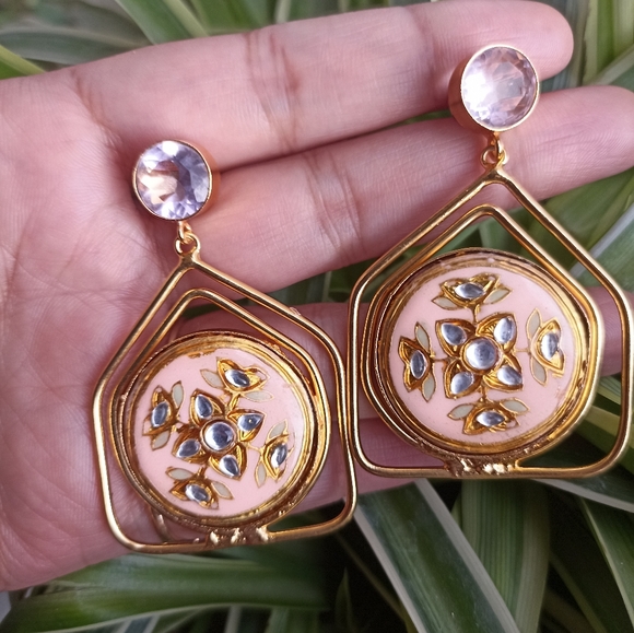 Handmade gold platted stone studded enameled drop earrings - Picture 4 of 10